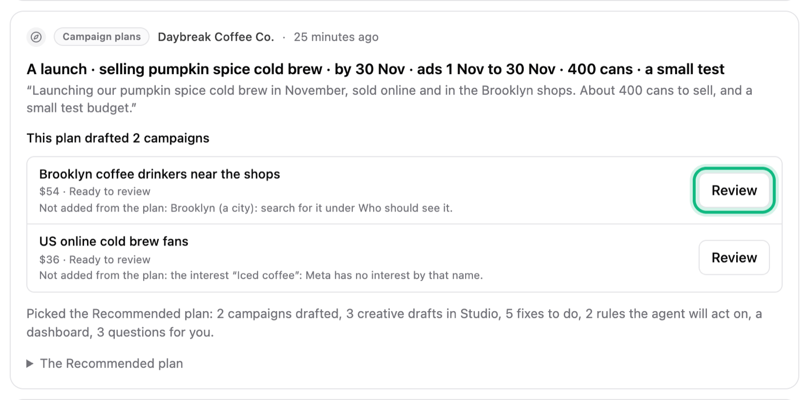 The card after Pick: This plan drafted 2 campaigns, one row per audience with its amount, Ready to review and a Review button, ringed, and the line saying what else the pick made