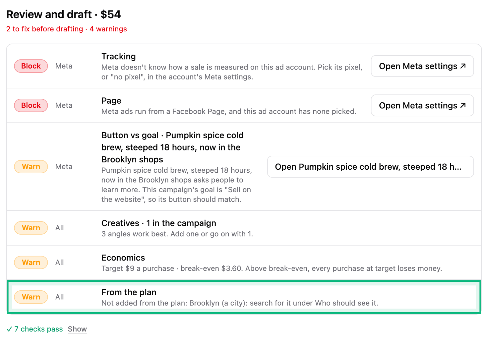 New Campaign open on Review for one audience: the checks to fix, with the From the plan line naming what was left out, ringed