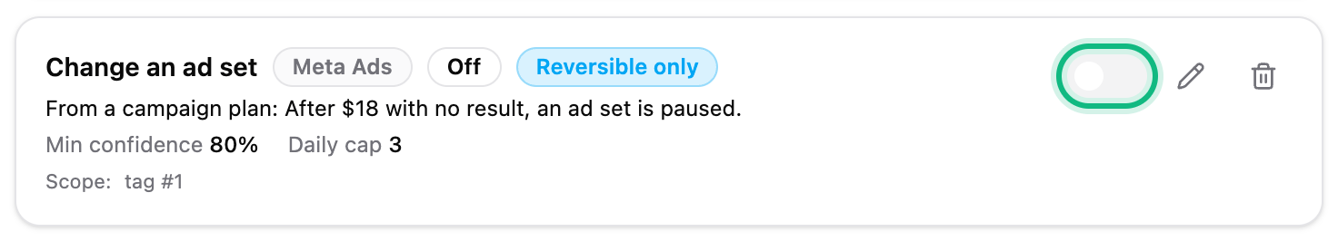 Settings, Autonomy: a rule From a campaign plan — after 18 dollars with no result, an ad set is paused — marked Off, with its switch ringed