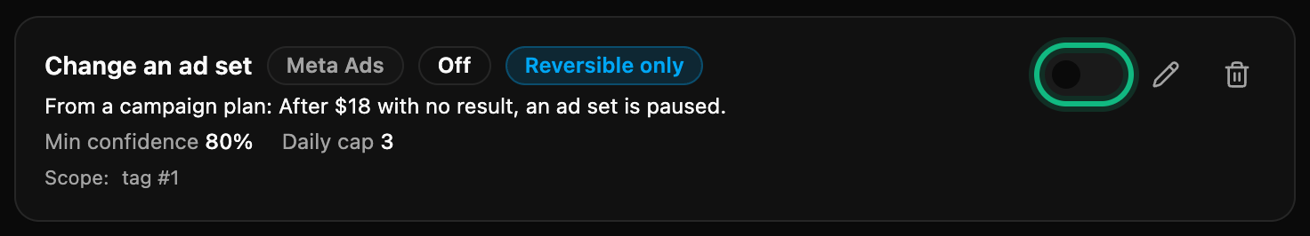 Settings, Autonomy: a rule From a campaign plan — after 18 dollars with no result, an ad set is paused — marked Off, with its switch ringed