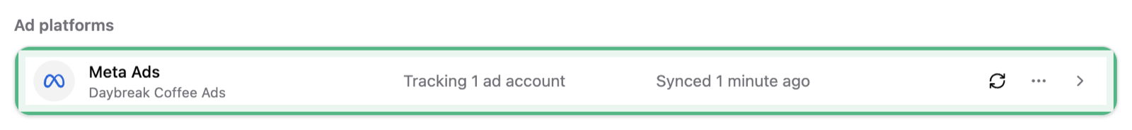The Data page’s Ad platforms list: Meta Ads, ringed, tracking 1 ad account and synced just now, with the sync and more-actions buttons beside it