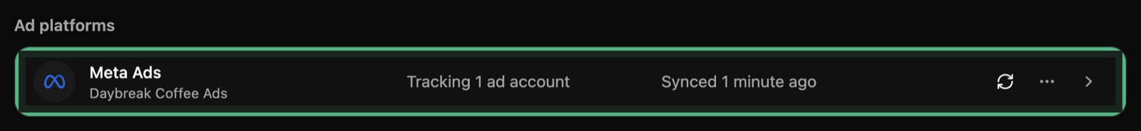 The Data page’s Ad platforms list: Meta Ads, ringed, tracking 1 ad account and synced just now, with the sync and more-actions buttons beside it