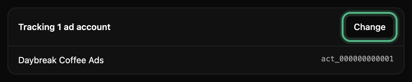 The Tracking 1 ad account card listing Daybreak Coffee Ads and its ID, with the Change button ringed
