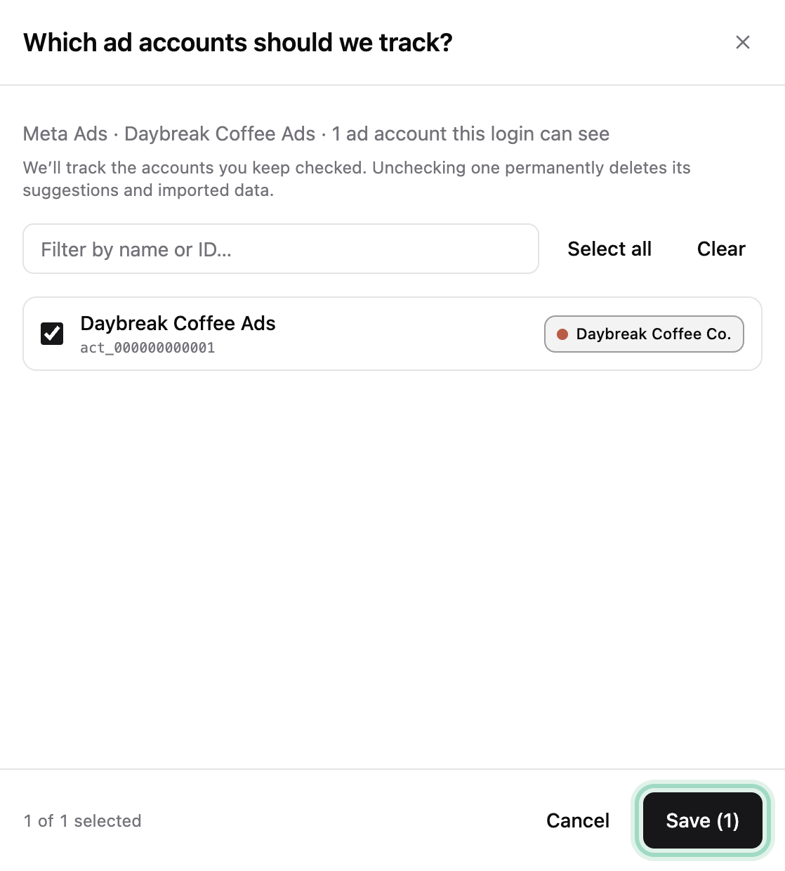 Which ad accounts should we track?: Daybreak Coffee Ads ticked and tagged to the brand, with the Save button ringed