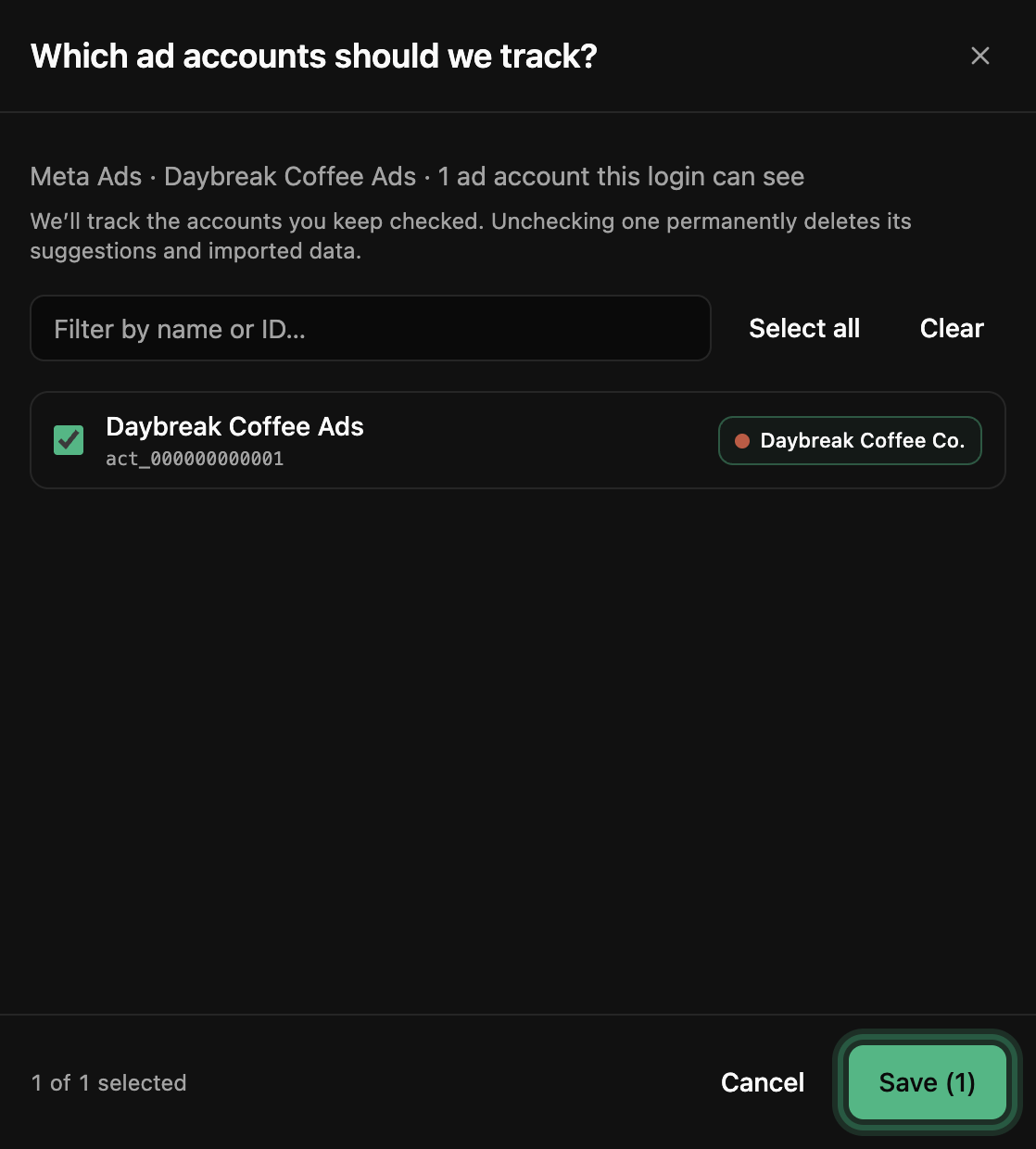 Which ad accounts should we track?: Daybreak Coffee Ads ticked and tagged to the brand, with the Save button ringed