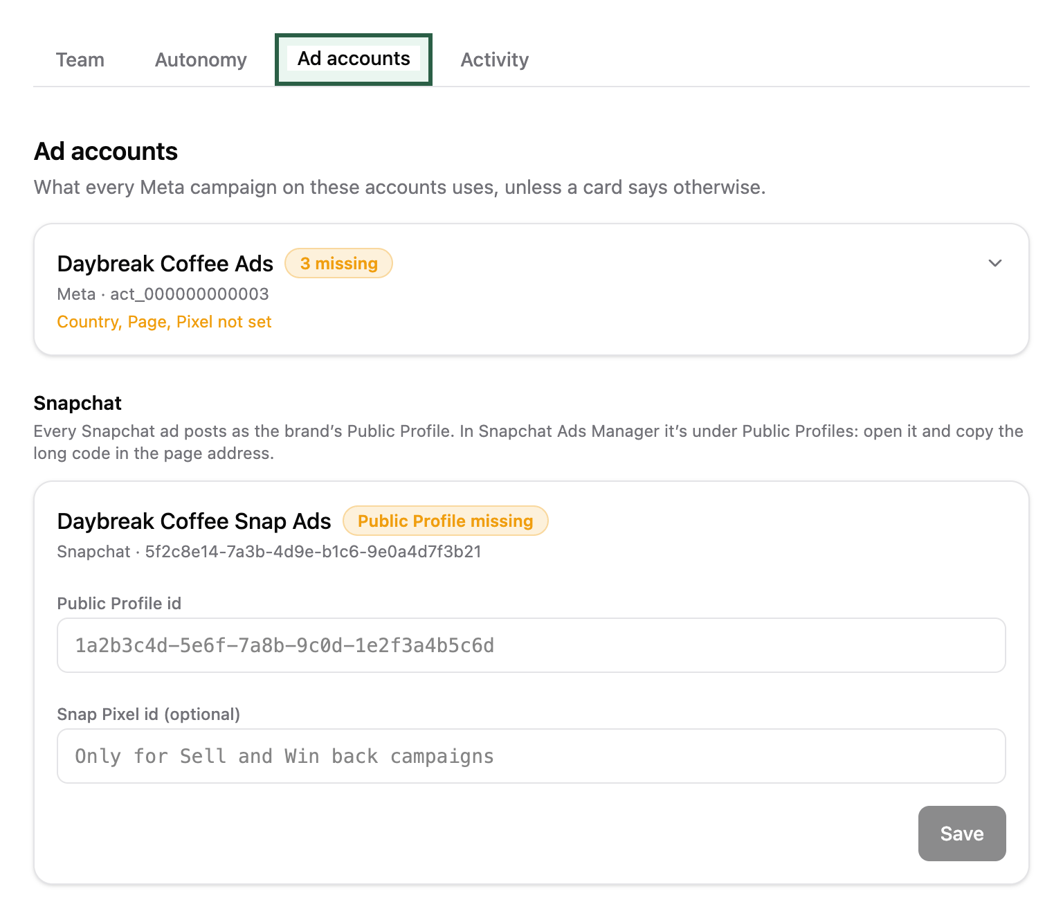 The Settings tabs with Ad accounts ringed, above the Daybreak Coffee Ads card marked 3 missing and the Snapchat card marked Public Profile missing