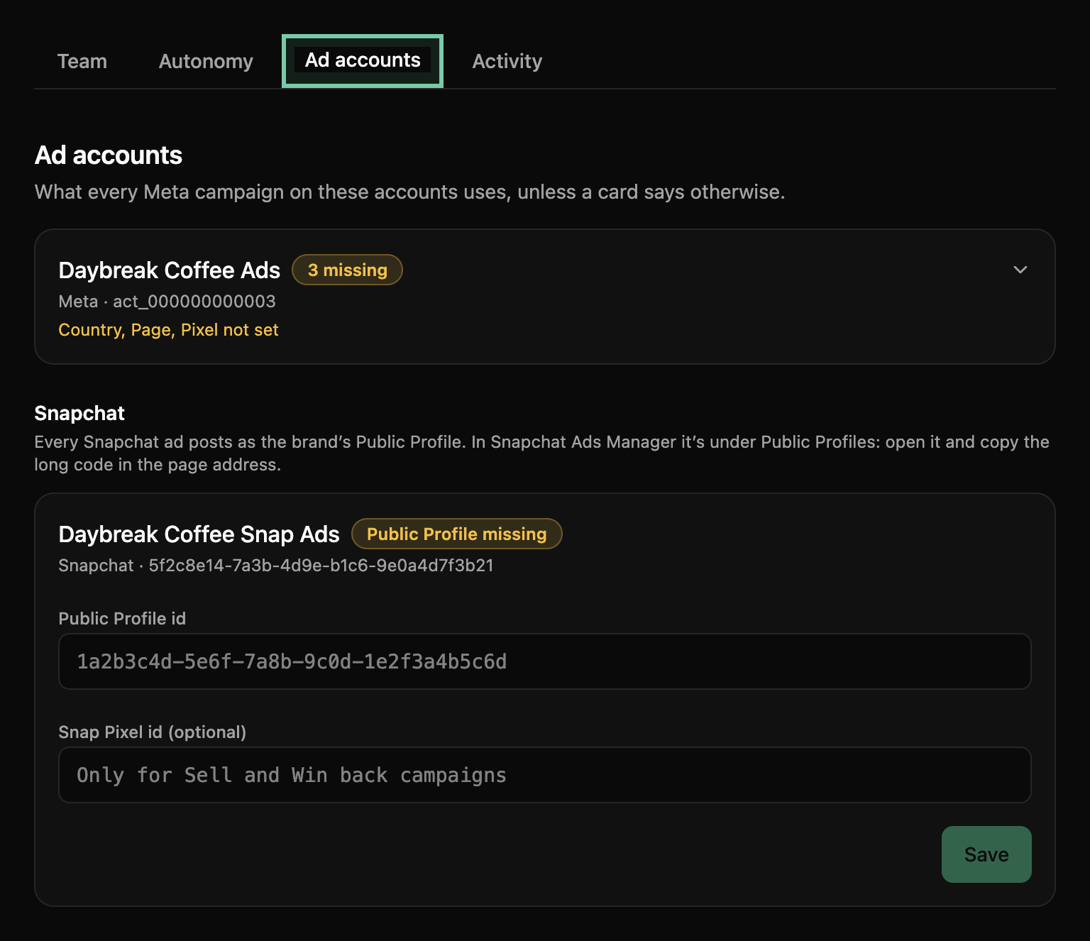 The Settings tabs with Ad accounts ringed, above the Daybreak Coffee Ads card marked 3 missing and the Snapchat card marked Public Profile missing