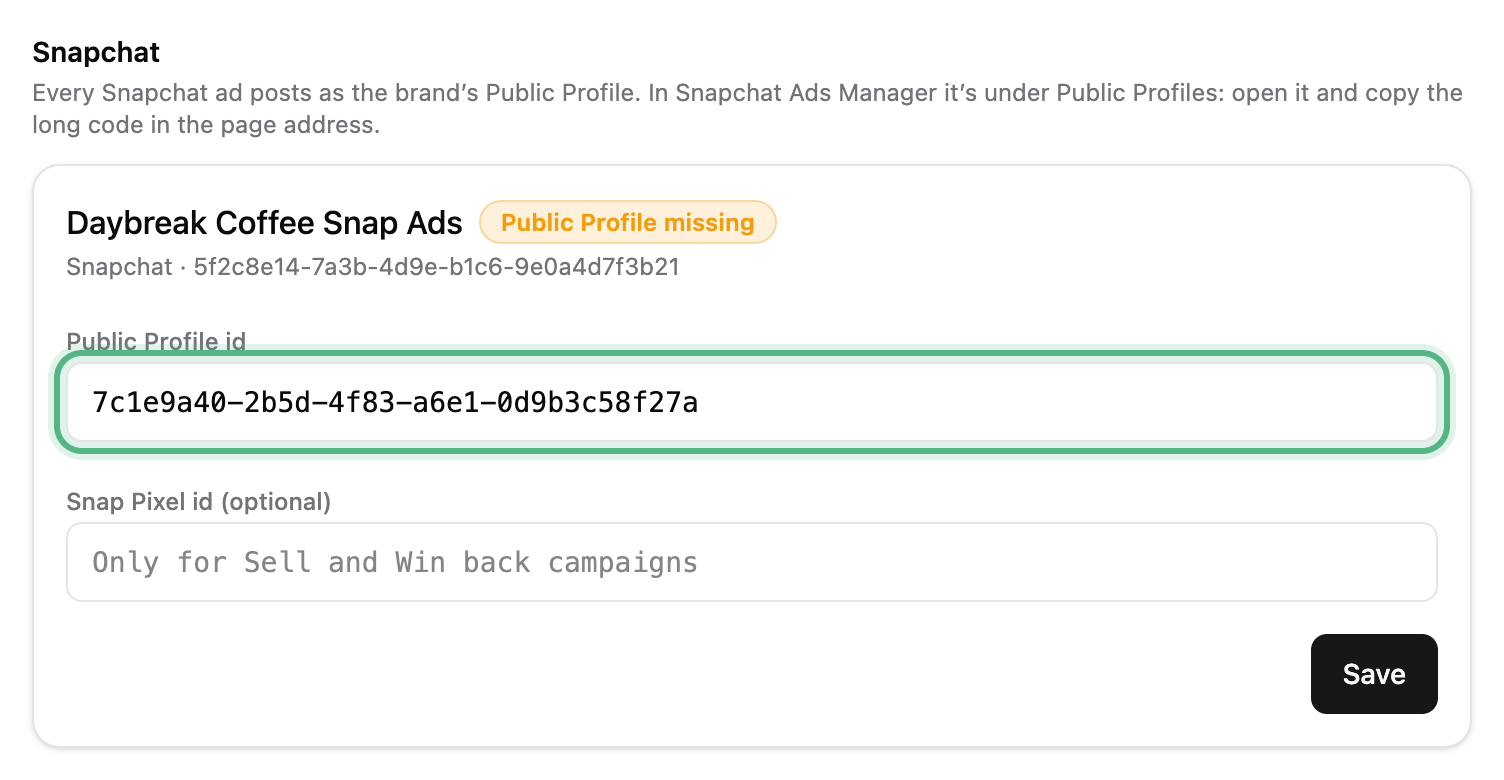 The Snapchat block: every Snapchat ad posts as the brand’s Public Profile, and the Daybreak Coffee Snap Ads card with a Public Profile id pasted, ringed