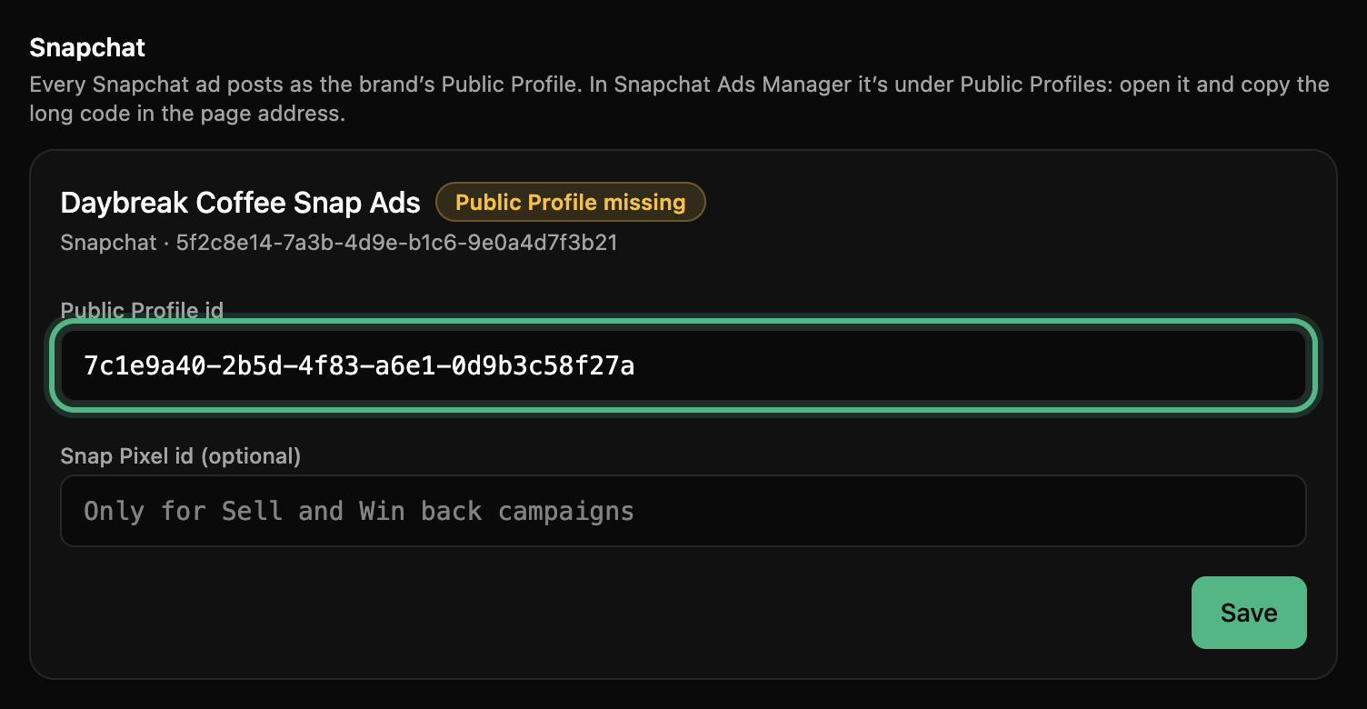 The Snapchat block: every Snapchat ad posts as the brand’s Public Profile, and the Daybreak Coffee Snap Ads card with a Public Profile id pasted, ringed