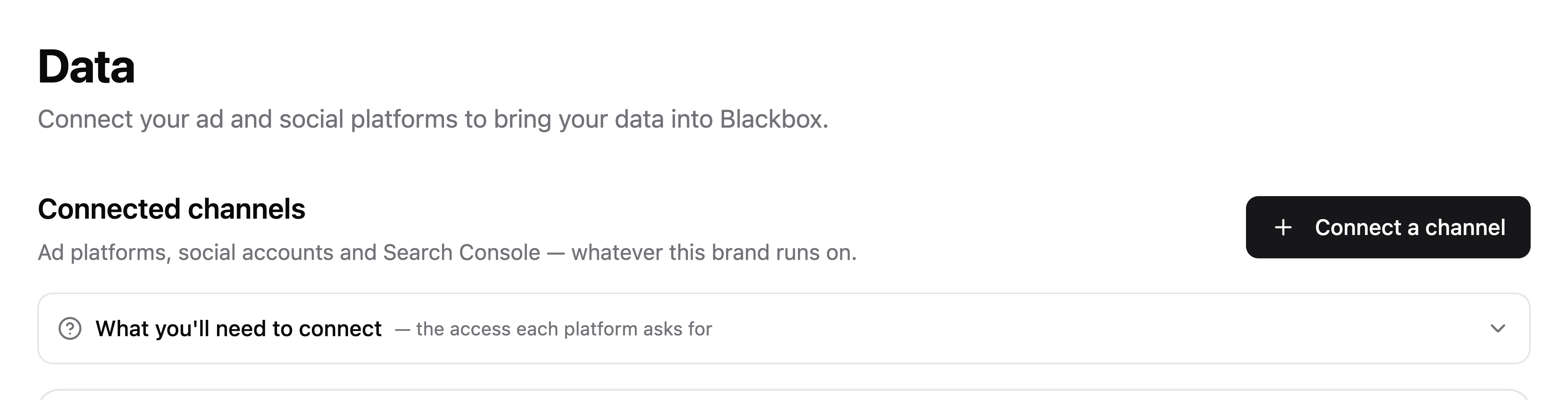 The Data page in Blackbox with the Connect a channel button at the top right