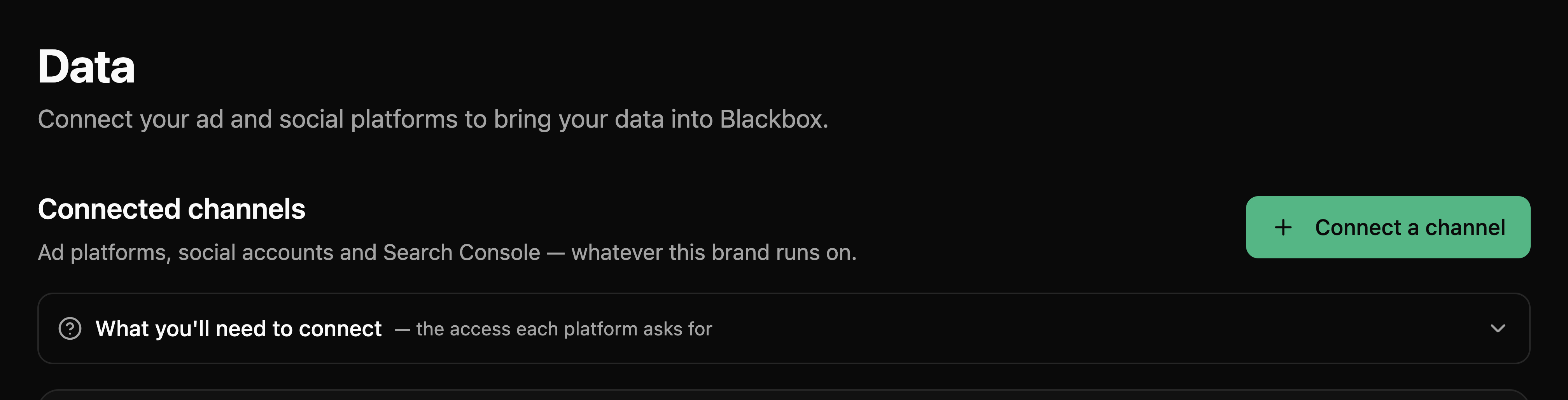 The Data page in Blackbox with the Connect a channel button at the top right