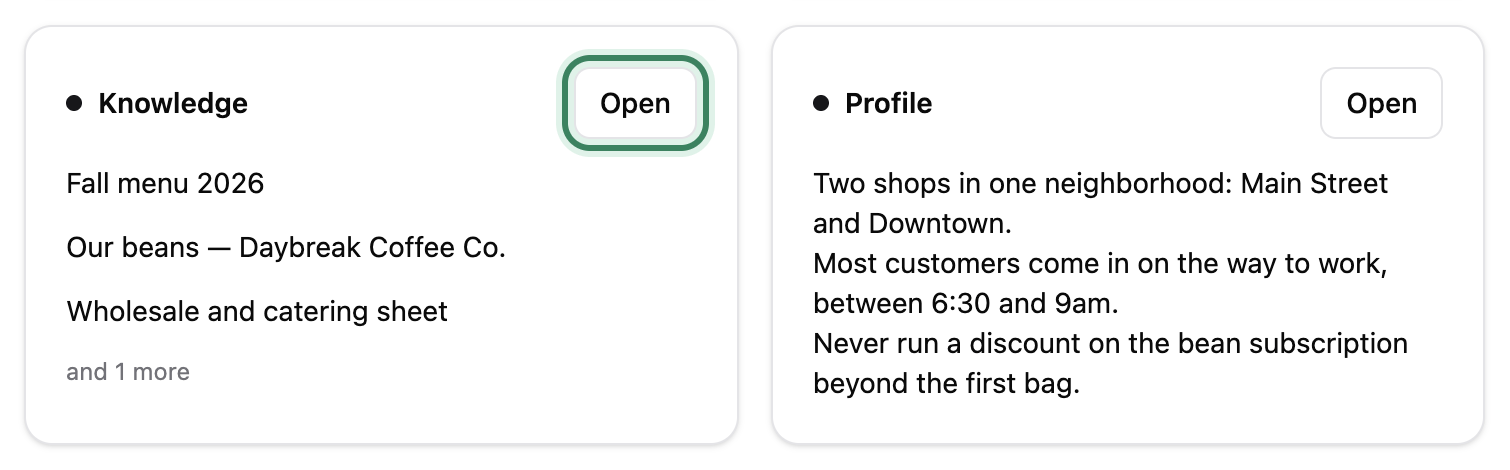 The brand page’s Knowledge card listing the brand guidelines, a catering sheet and the beans page, its Open button ringed, beside the Profile card