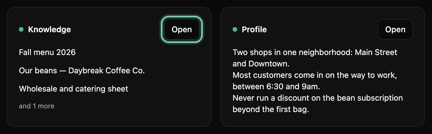 The brand page’s Knowledge card listing the brand guidelines, a catering sheet and the beans page, its Open button ringed, beside the Profile card