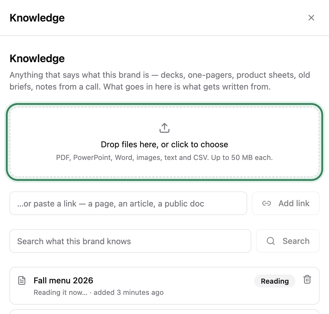 The Knowledge panel: Drop files here, or click to choose, ringed, with PDF, PowerPoint, Word, images, text and CSV up to 50 MB each, above a fall menu deck marked Reading