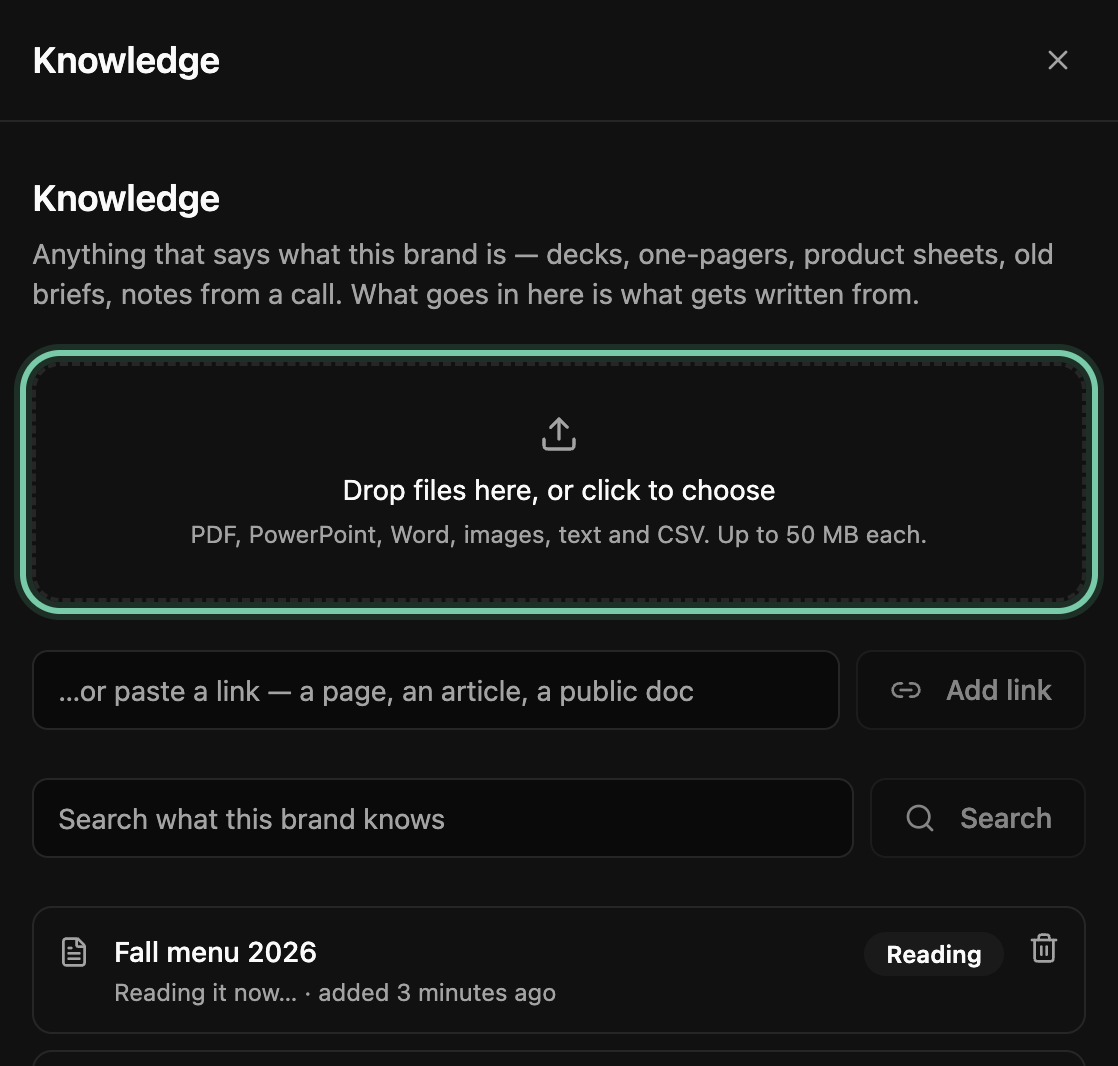 The Knowledge panel: Drop files here, or click to choose, ringed, with PDF, PowerPoint, Word, images, text and CSV up to 50 MB each, above a fall menu deck marked Reading