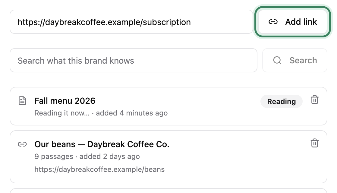 A page address pasted into the link box with Add link ringed, and the beans page already in the list with its address under its title