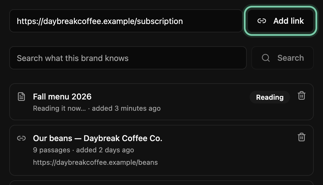 A page address pasted into the link box with Add link ringed, and the beans page already in the list with its address under its title