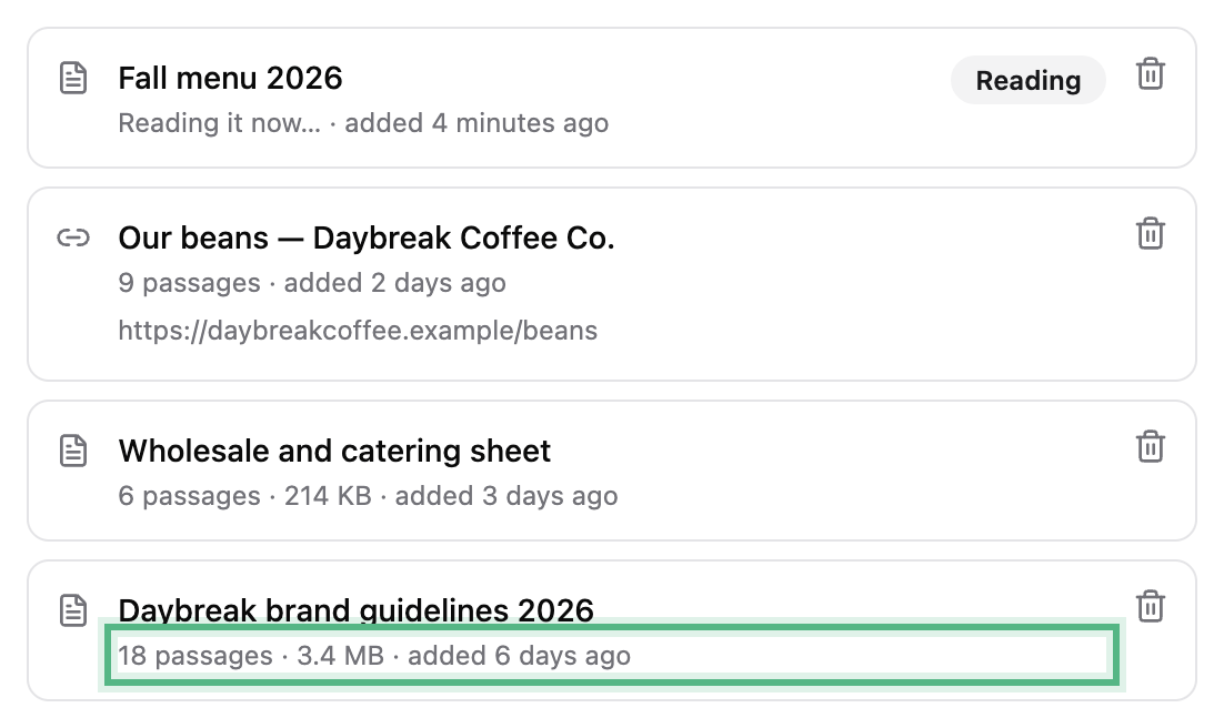 The list of what the brand knows: the brand guidelines PDF with 18 passages and 3.4 MB ringed, a catering sheet, the beans page, and the fall menu still being read