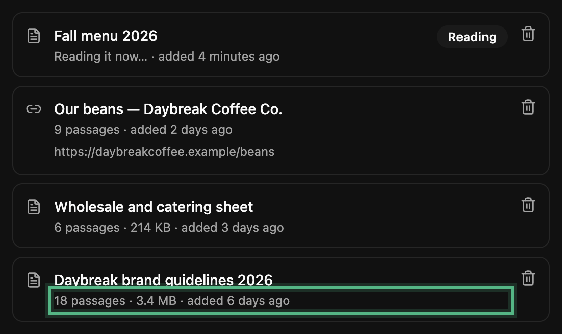 The list of what the brand knows: the brand guidelines PDF with 18 passages and 3.4 MB ringed, a catering sheet, the beans page, and the fall menu still being read