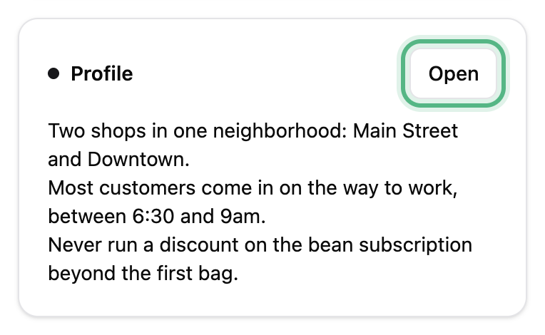 The Profile card on the brand page, starting Two shops in one neighborhood, with its Open button ringed