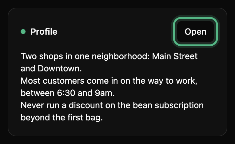 The Profile card on the brand page, starting Two shops in one neighborhood, with its Open button ringed