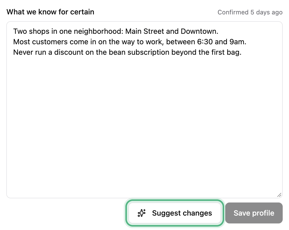 What we know for certain, with the lines already typed in, and the Suggest changes button ringed beside Save profile