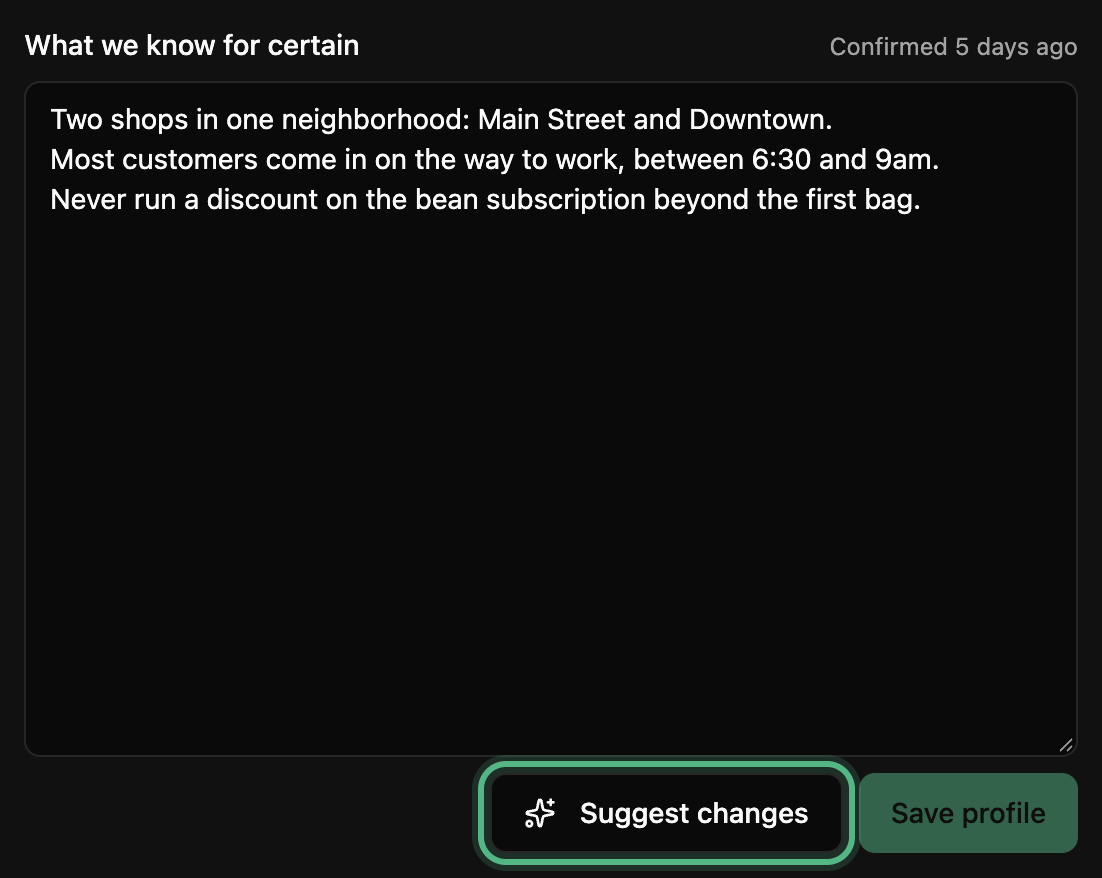 What we know for certain, with the lines already typed in, and the Suggest changes button ringed beside Save profile