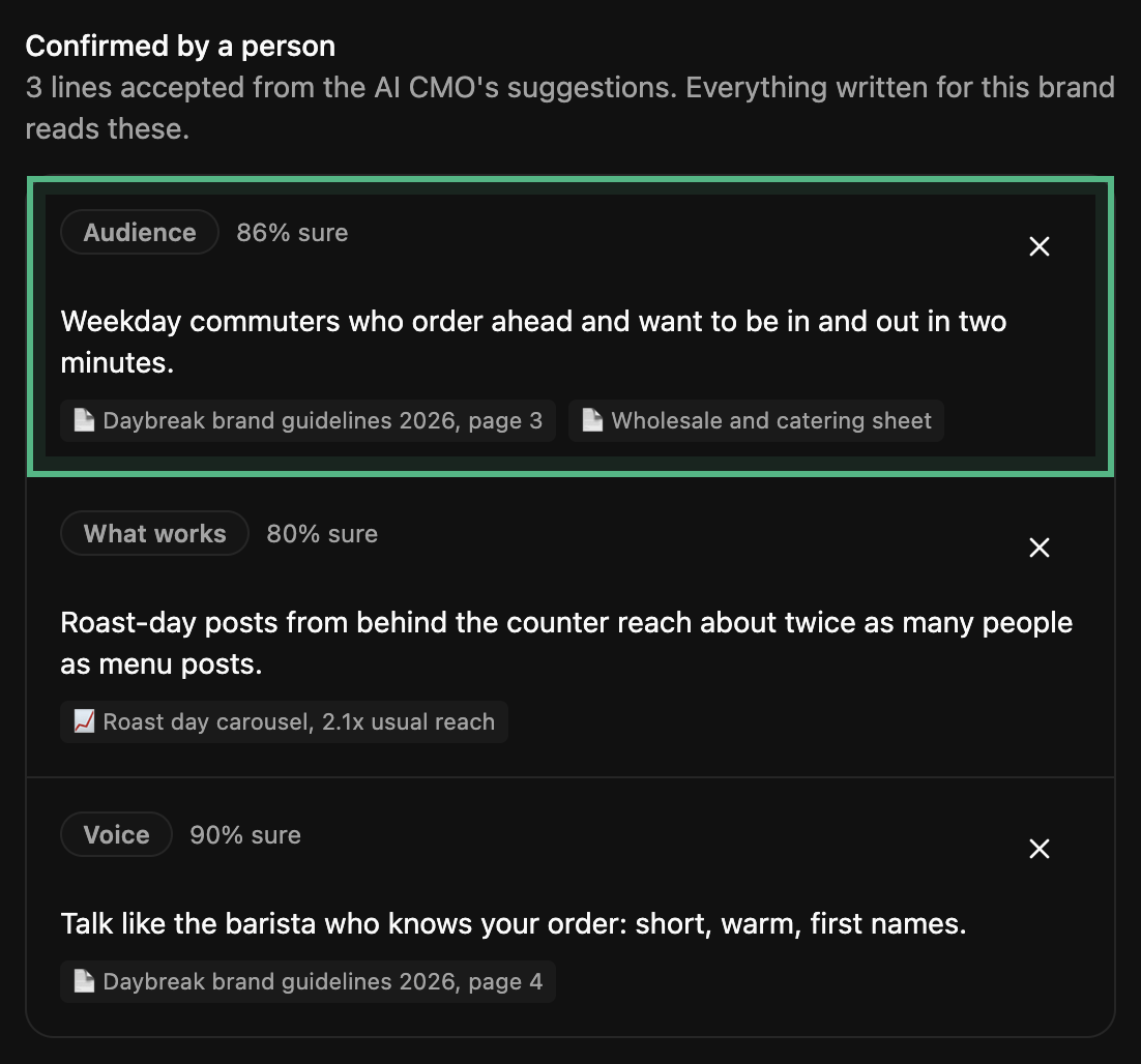 Confirmed by a person after Add to the profile, the new Audience line about weekday commuters ringed at the top, above the voice and what-works lines