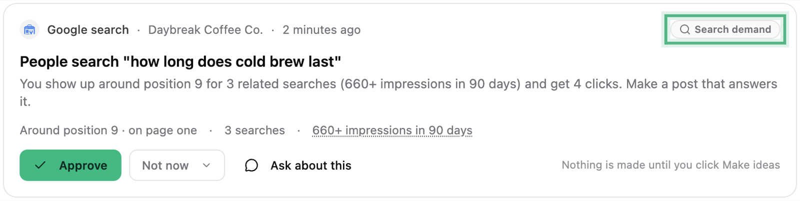 An Inbox card from Google search for Daybreak Coffee Co., with its Search demand badge ringed, titled People search "how long does cold brew last", and the Approve button