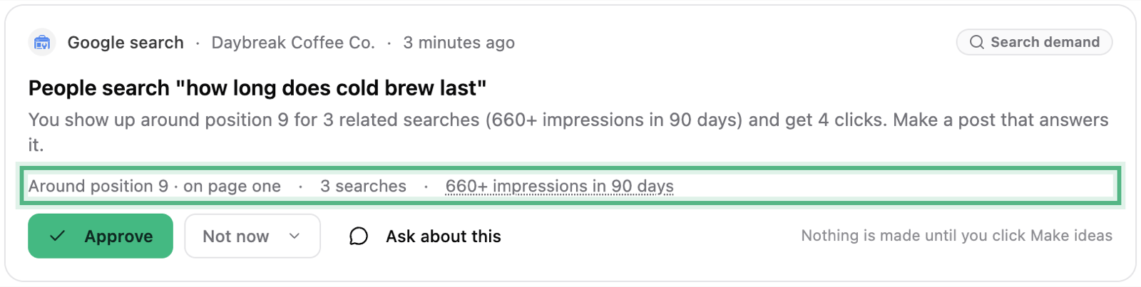 The same card with its facts line ringed: Around position 9, on page one, 3 searches, 660+ impressions in 90 days