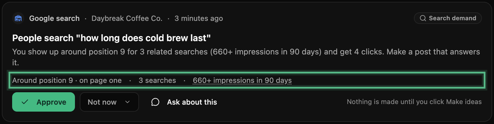 The same card with its facts line ringed: Around position 9, on page one, 3 searches, 660+ impressions in 90 days